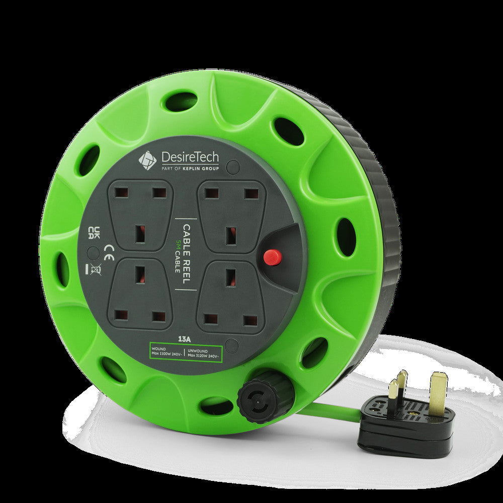 Desiretech Heavy-Duty Portable Cable Reel Extension Lead – 4 Shuttered Sockets, Thermal Cut-Out, Ergonomic Handle, Green/Black – Robust Extension Cord for Indoor Use