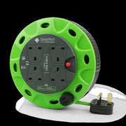 Desiretech Heavy-Duty Portable Cable Reel Extension Lead – 4 Shuttered Sockets, Thermal Cut-Out, Ergonomic Handle, Green/Black – Robust Extension Cord for Indoor Use