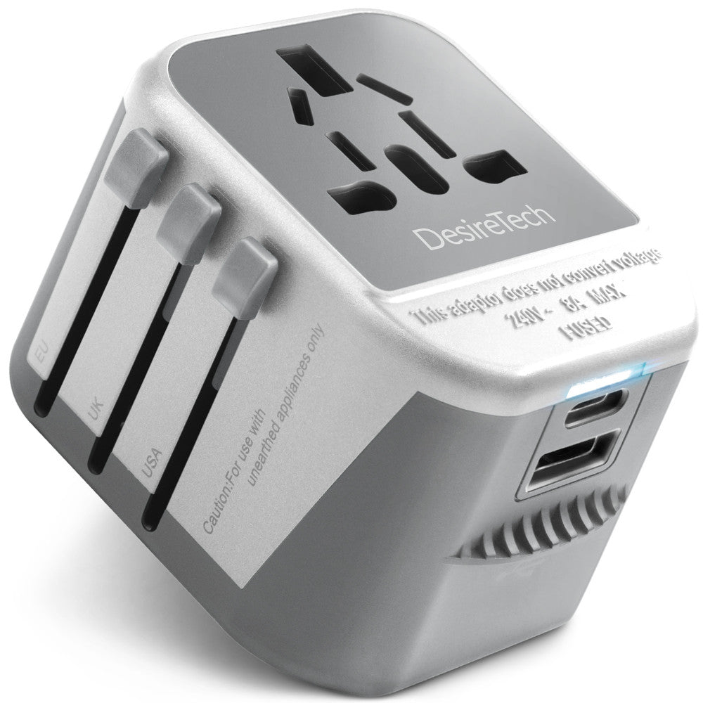 Desiretech Travel Adaptor 4-in-1 Universal Plug Adapter with USB-A, USB-C, Phone Docking - Compact UK to World Adaptor, Double Fuse Protection - Perfect for Europe, USA, Asia & Beyond