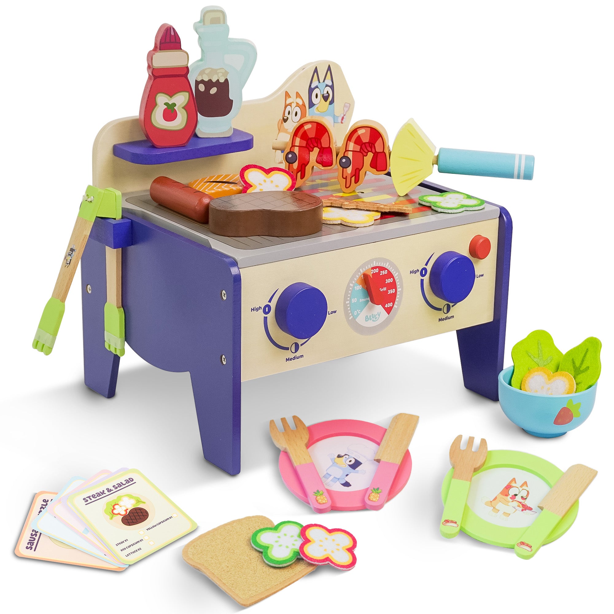 Bluey Wooden BBQ & Salad Playset - 33 Piece Colourful Pretend Cooking Toy for Kids 3+, FSC-Certified