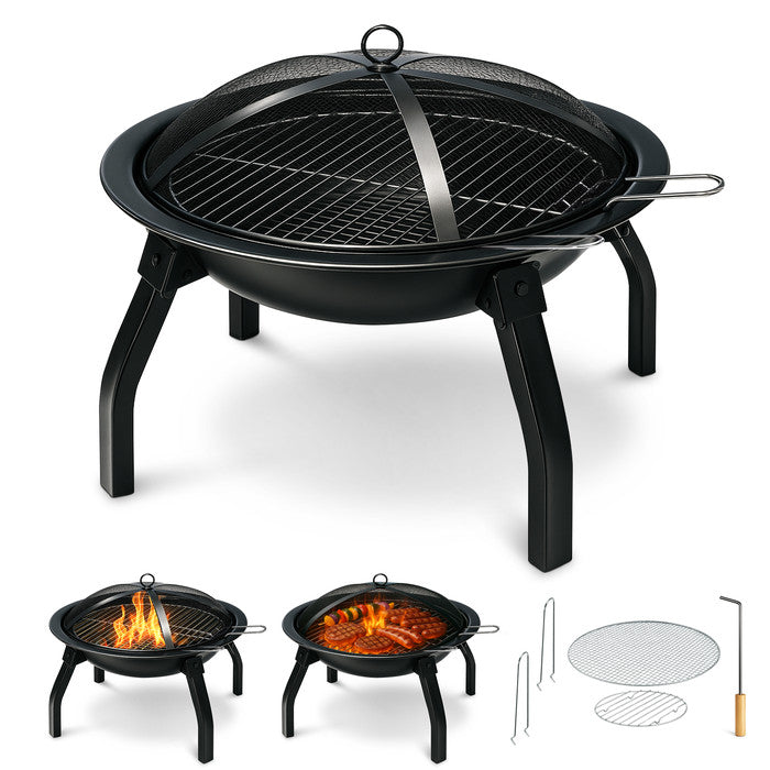 Portable folding fire pit with BBQ grill and carry bag
