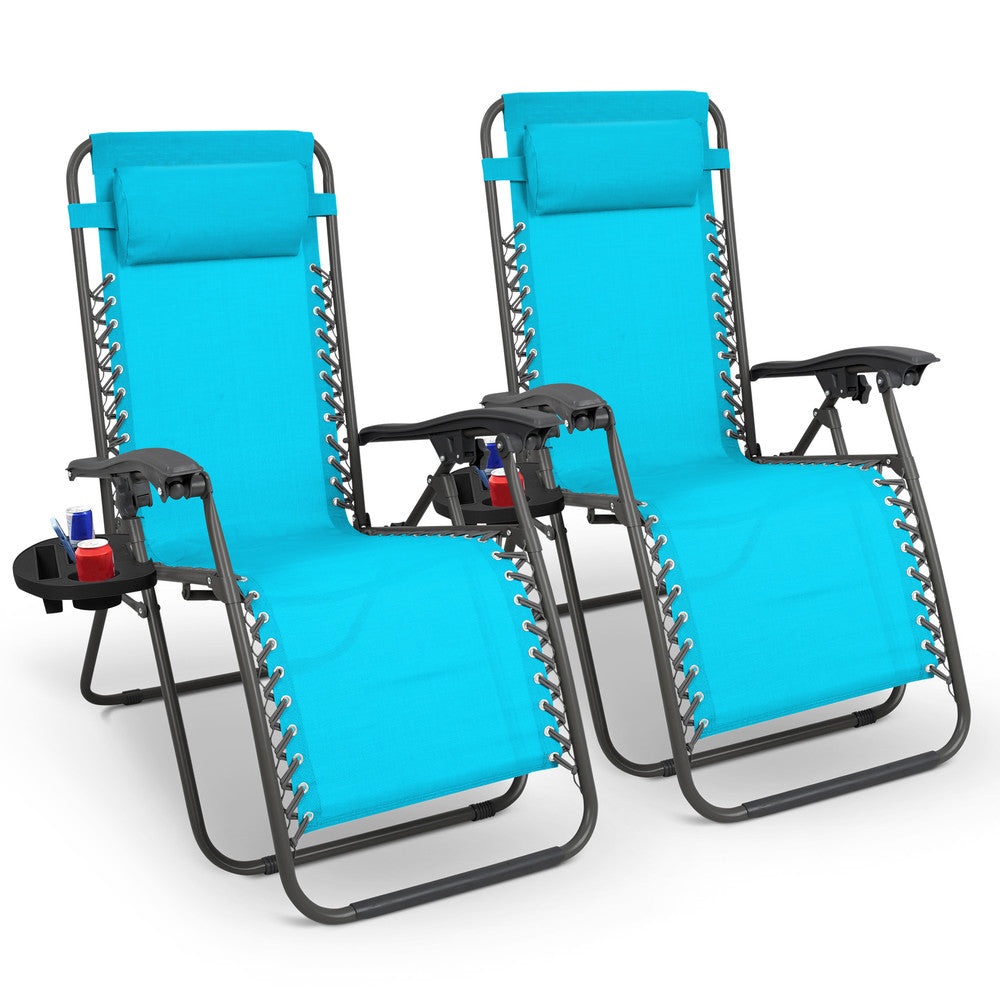 KEPLIN Set of 2 Heavy Duty Monocolour and Basic Textoline Zero Gravity Chairs for Garden Light Reclining Patio Sun loungers Easy to Clean Adjustable Head Rest Foldable with Cup & Phone Holder