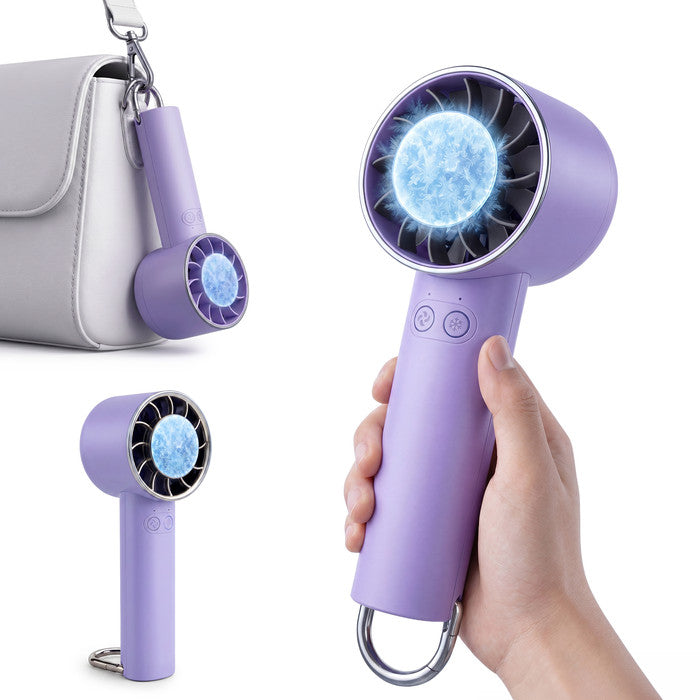 Lavender portable handheld fan with cooling plate held in hand