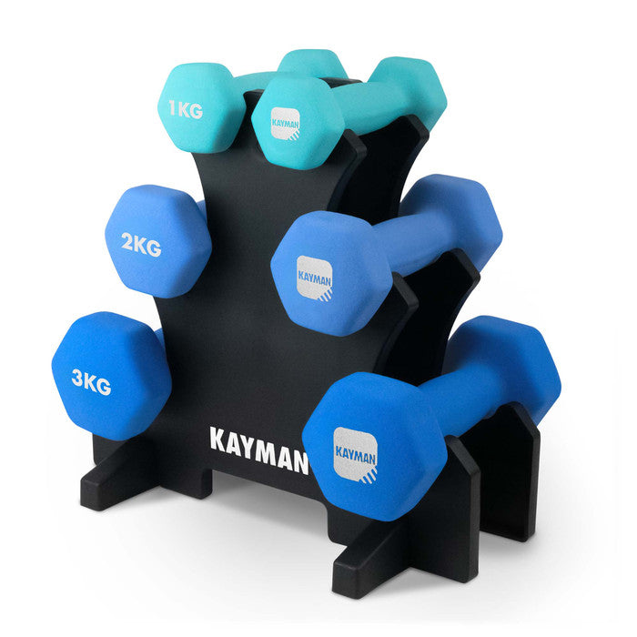 KAYMAN Neoprene Dumbbell Set, Anti-Slip Grip, Hex Edges, Water-Resistant Surface with Workout Poster Guide - Versatile Weight Set (1kg to 10kg) for Home, Gym & Fitness Training