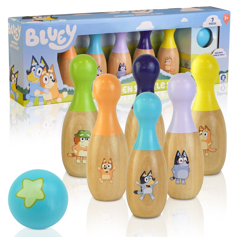 Bluey wooden skittles multicolour bowling game – 7-piece FSC certified set with 6 pins and ball UK