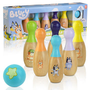 Bluey Wooden Classic Skittles, 7-Piece Colorful Set –FSC Certified Sustainable Wood –Indoor &Outdoor Bowling Game for Kids–Enhances Hand-Eye Coordination–Includes 6 Character Pins & 1 Ball