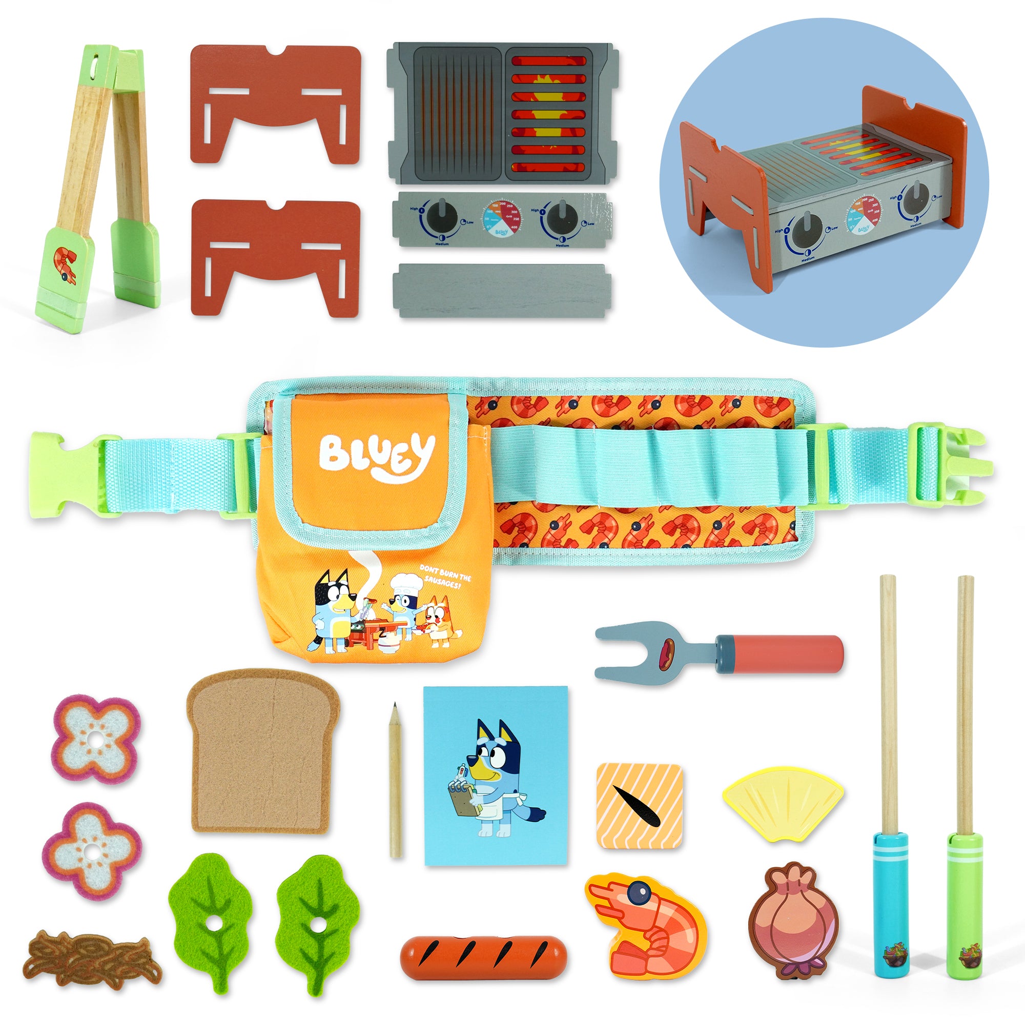 Bluey BBQ Belt Playset – 20 Piece Wooden Pretend Cooking Toy with Mini BBQ, Tongs & Accessories – Kids Role Play Outdoor Barbecue Set – Official Bluey Toys for Boys & Girls