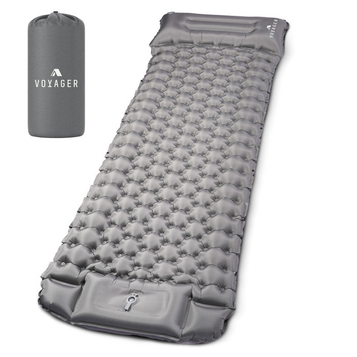 Voyager grey inflatable camping mat with built-in pillow and carry bag