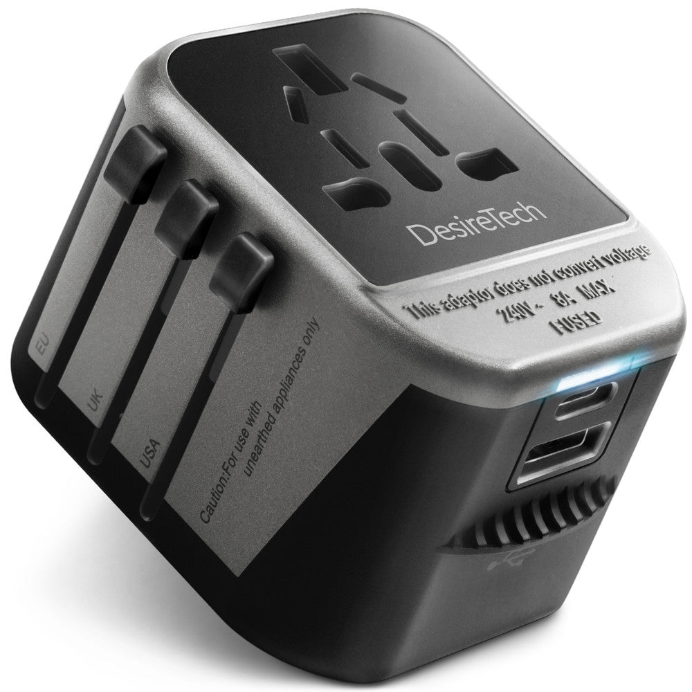 Desiretech Travel Adaptor 4-in-1 Universal Plug Adapter with USB-A, USB-C, Phone Docking - Compact UK to World Adaptor, Double Fuse Protection - Perfect for Europe, USA, Asia & Beyond