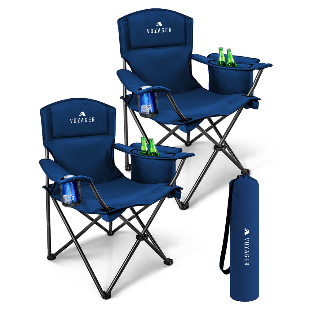 Voyager Folding Camping Chairs 2 Pack with Cooler Bag, Lightweight Q195 Steel Frame, 600D Oxford Fabric, Portable & Comfortable