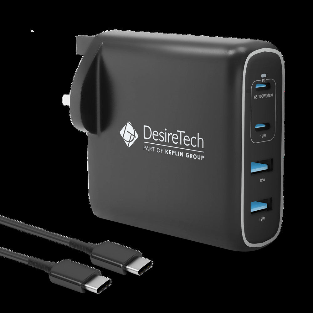 Desiretech 100W USB-C Charger with Cable & Pouch – Fast Charging 4-Port Adapter for MacBooks, iPhone 15, iPad, Samsung S Series, Google Pixel, Sony