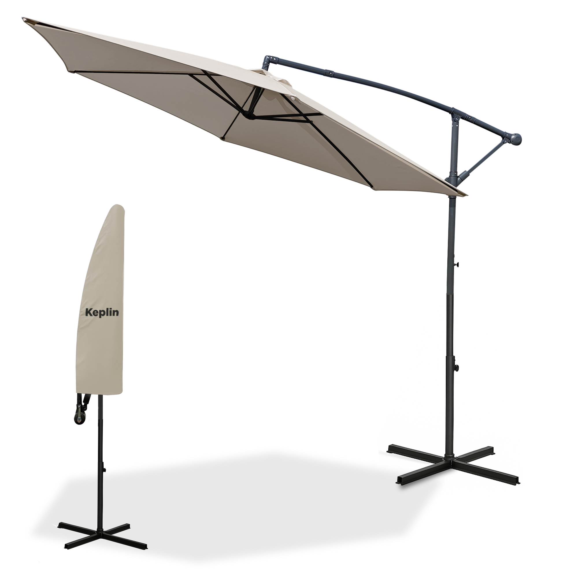 Keplin 3M Cantilever Garden Parasol - Outdoor Umbrella with Crank Handle & Cover, UV Protection, Water-Repellent Polyester, Powder-Coated Pole, 6 Ribs, Sturdy Cross Base (Weights Not Included)