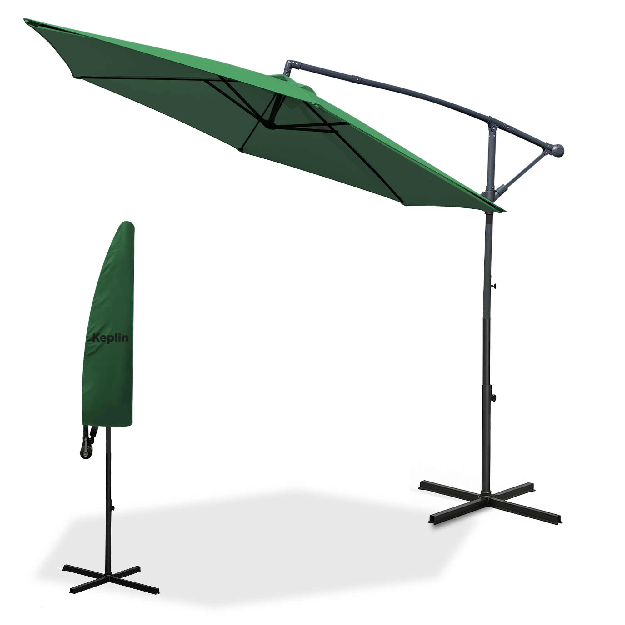 Keplin 3M Cantilever Garden Parasol - Outdoor Umbrella with Crank Handle & Cover, UV Protection, Water-Repellent Polyester, Powder-Coated Pole, 6 Ribs, Sturdy Cross Base (Weights Not Included)