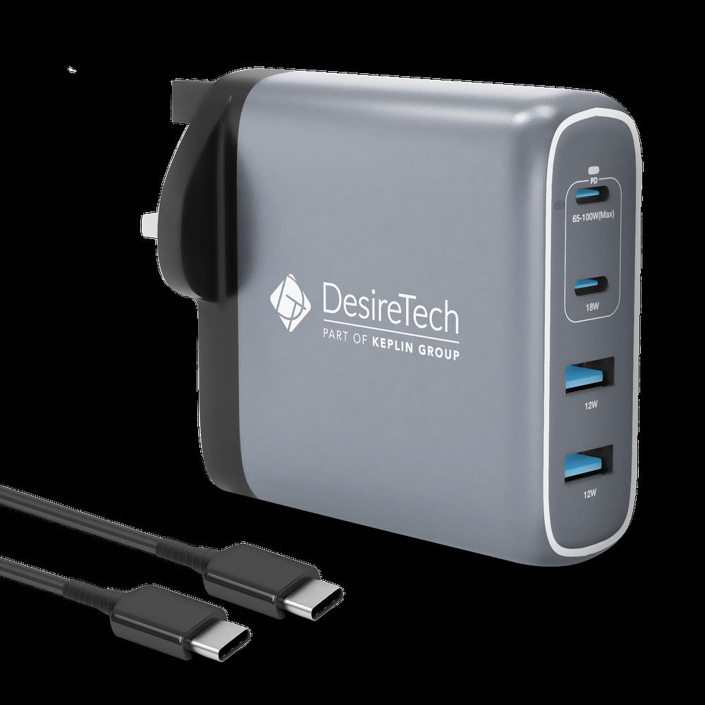 Desiretech 100W USB-C Charger with Cable & Pouch – Fast Charging 4-Port Adapter for MacBooks, iPhone 15, iPad, Samsung S Series, Google Pixel, Sony