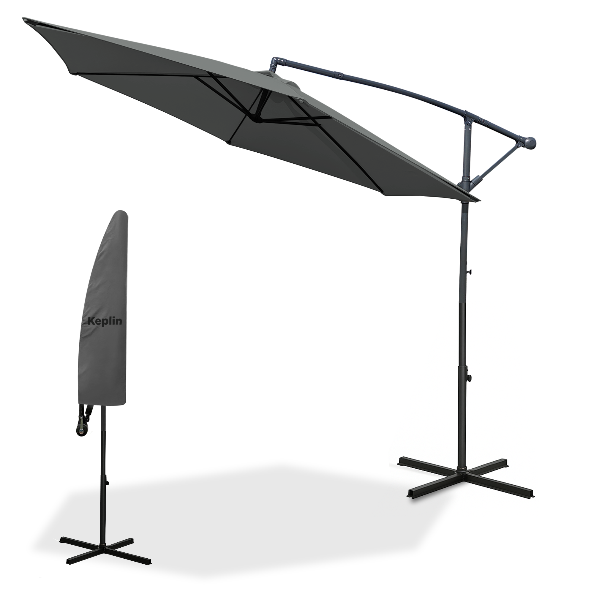 Keplin 3M Cantilever Garden Parasol - Outdoor Umbrella with Crank Handle & Cover, UV Protection, Water-Repellent Polyester, Powder-Coated Pole, 6 Ribs, Sturdy Cross Base (Weights Not Included)