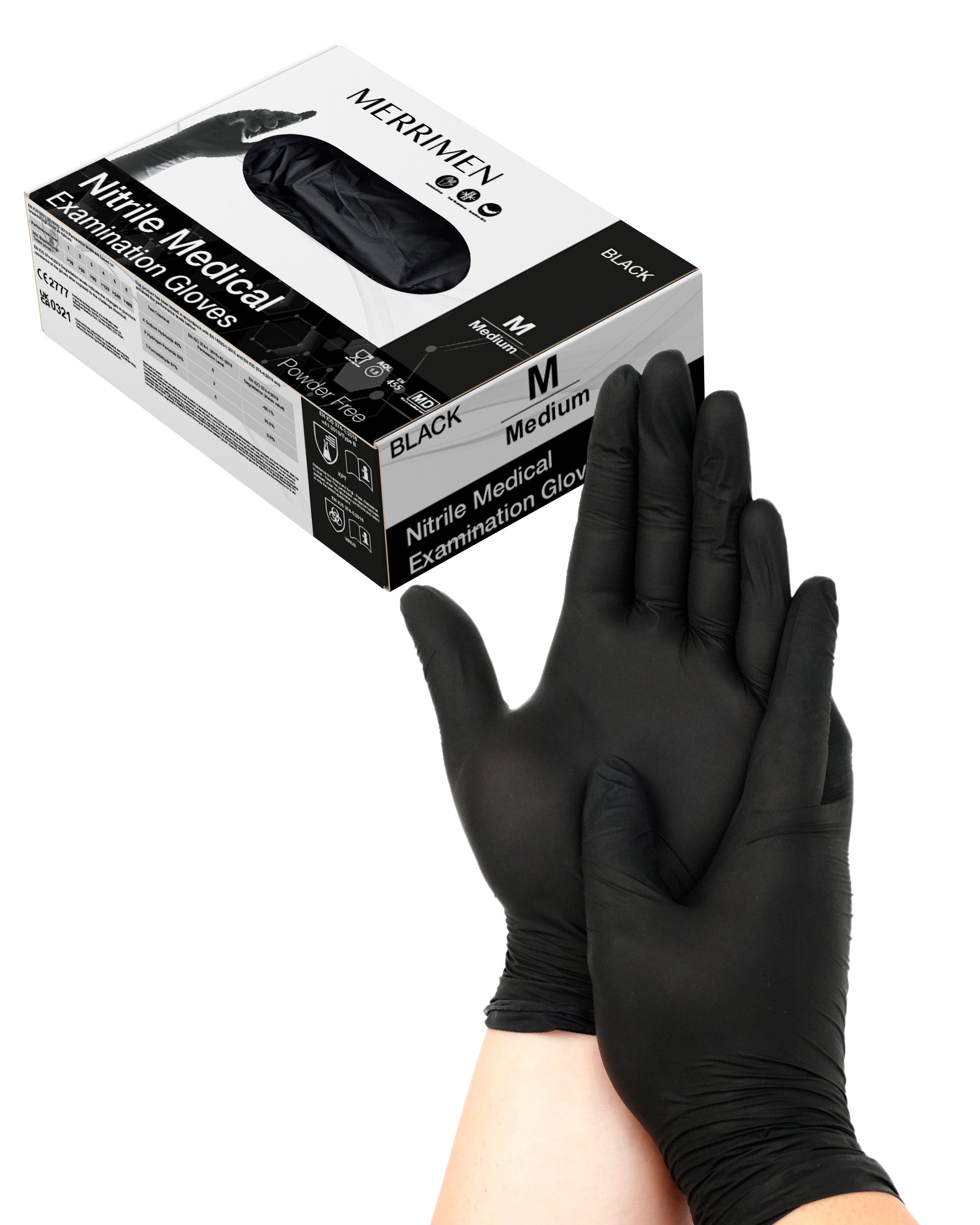 Merrimen Nitrile Gloves - BLACK | Disposable – Box of 100 | Ambidextrous Nitrile Gloves | Latex & Powder Free | For Safe Hands Against Allergies