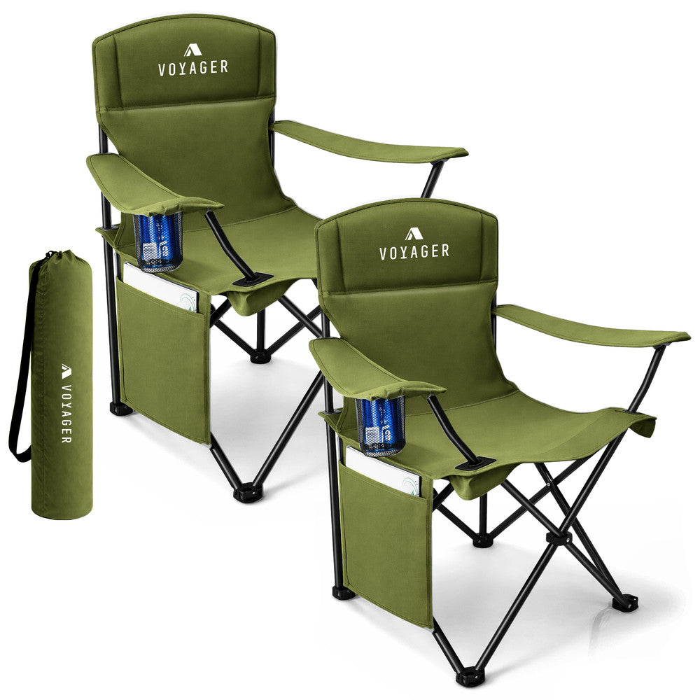 Folding camping chairs with cup holder and side pocket 2-pack green – padded 120kg outdoor chairs UK