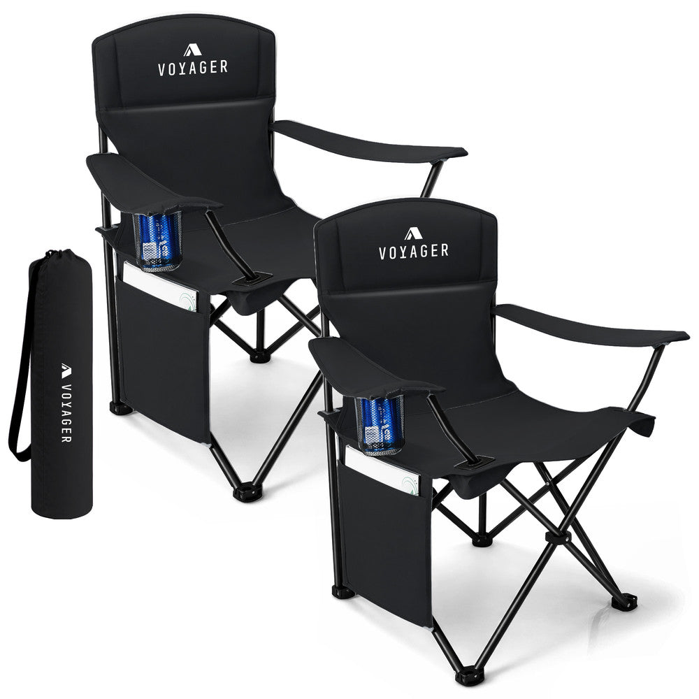 Folding camping chairs with cup holder and side pocket 2-pack black – padded 120kg outdoor chairs UK