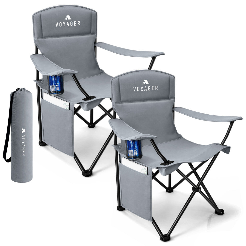 Folding camping chairs with cup holder and side pocket 2-pack grey – padded 120kg outdoor chairs UK