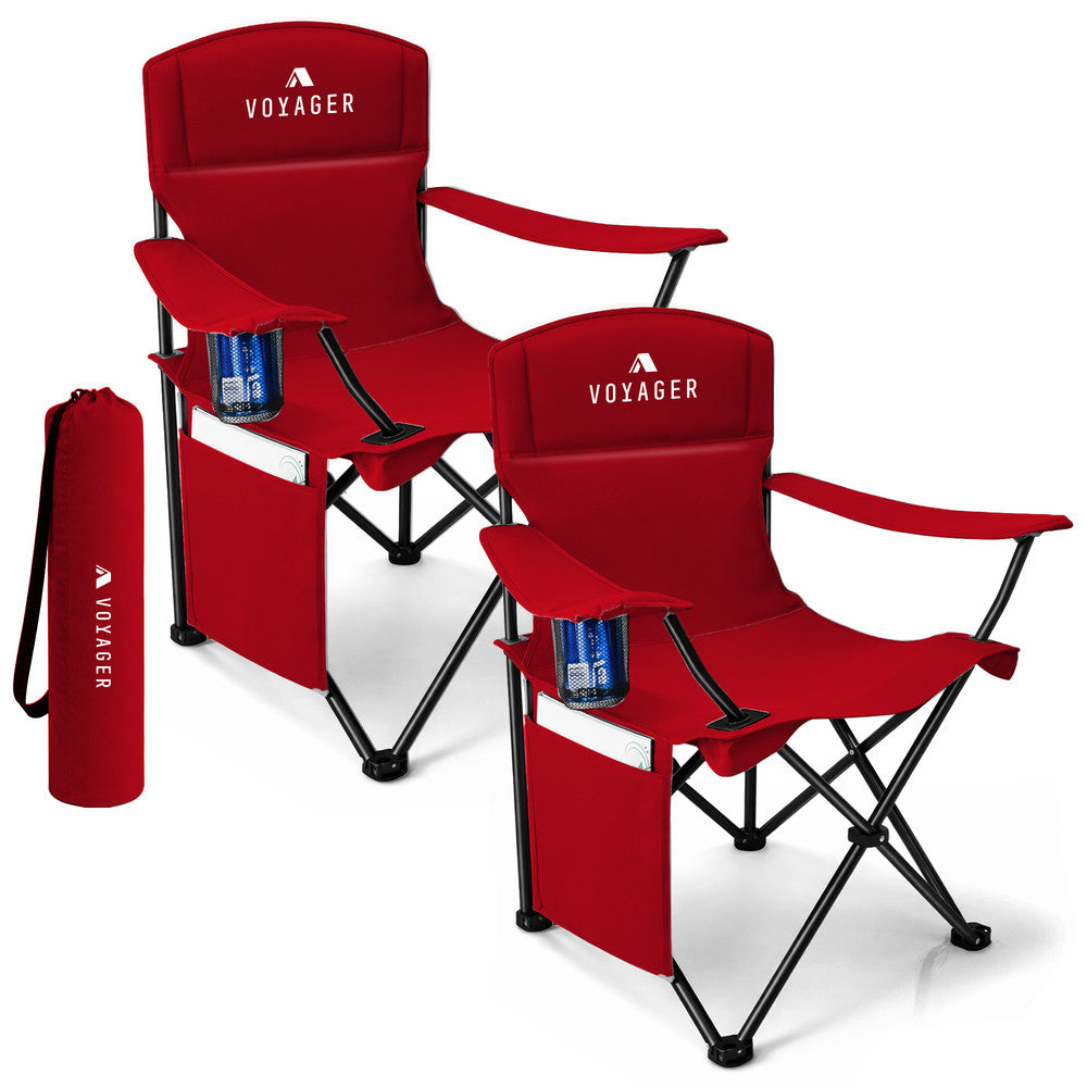 Folding camping chairs with cup holder and side pocket 2-pack red – padded 120kg outdoor chairs UK