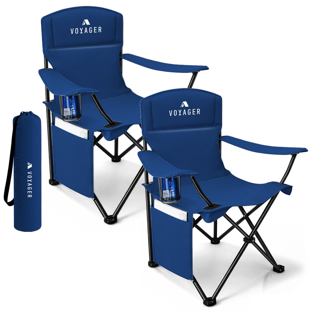 Folding camping chairs with cup holder and side pocket 2-pack navy – padded 120kg outdoor chairs UK