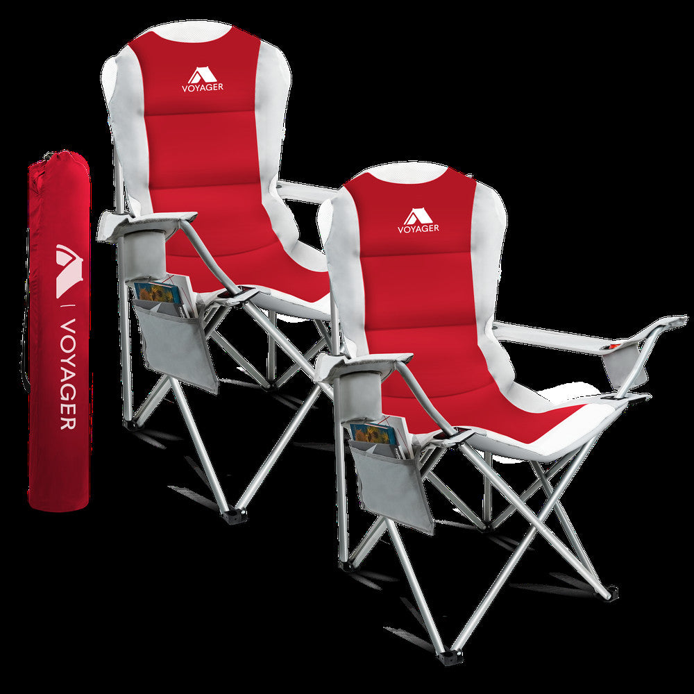 Voyager 2 Pack Padded Camping Chairs - with Cup Holder and Side Pockets