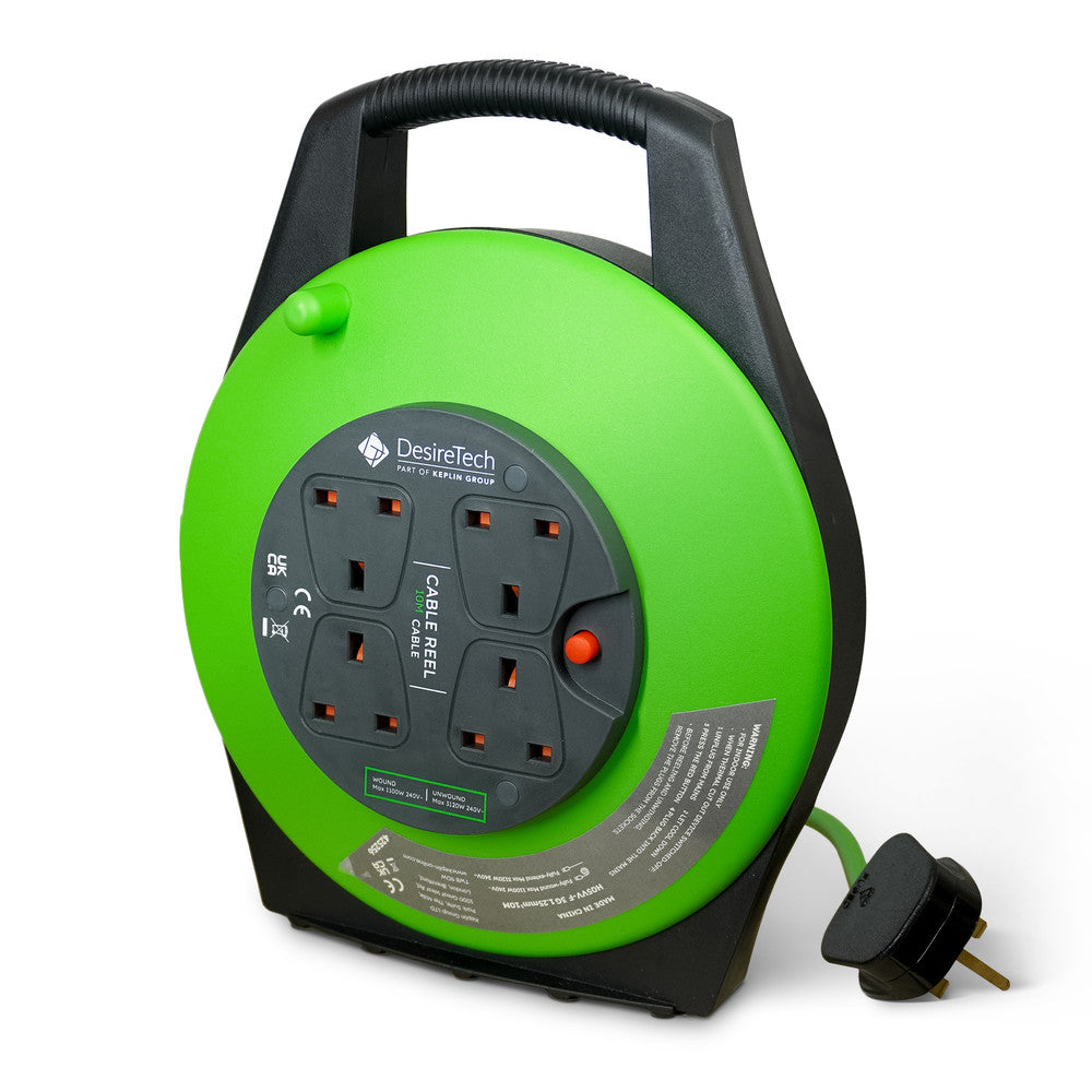 Desiretech Heavy-Duty Portable Cable Reel Extension Lead – 4 Shuttered Sockets, Thermal Cut-Out, Ergonomic Handle, Green/Black – Robust Extension Cord for Indoor Use – image 9