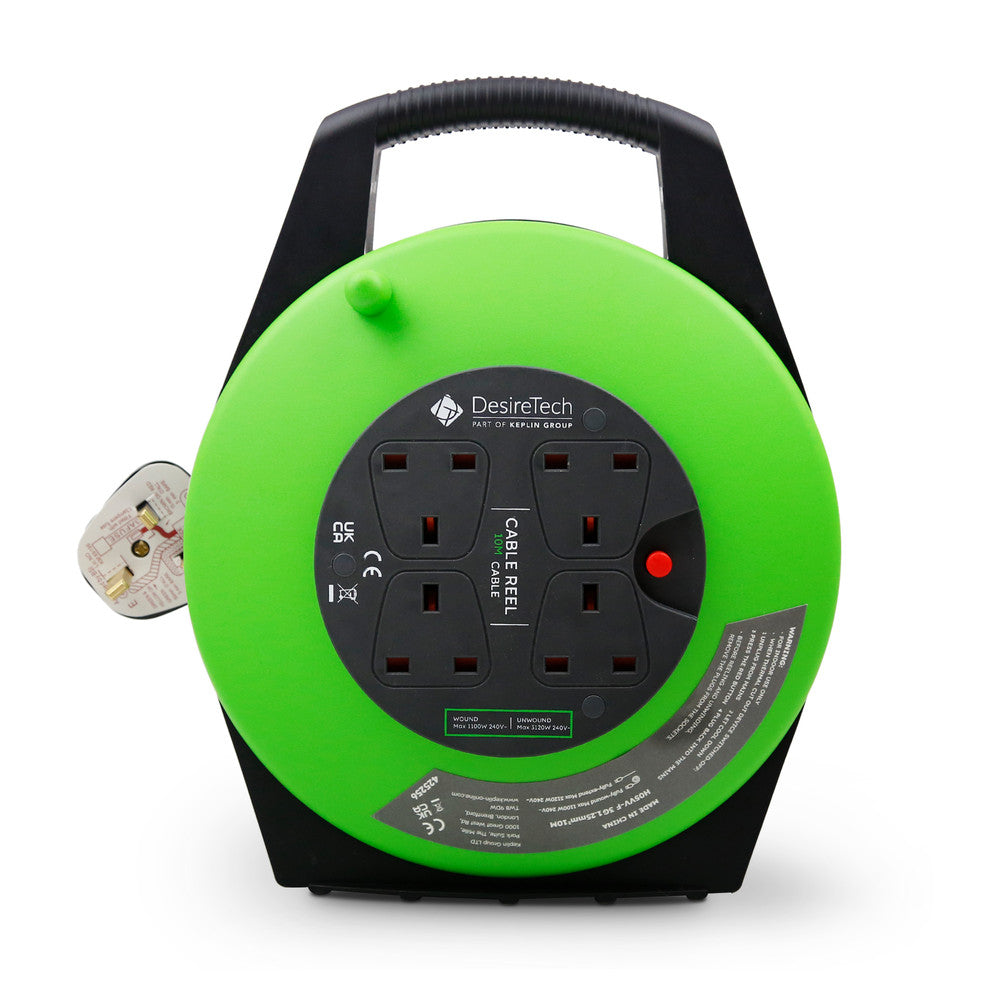 Desiretech Heavy-Duty Portable Cable Reel Extension Lead – 4 Shuttered Sockets, Thermal Cut-Out, Ergonomic Handle, Green/Black – Robust Extension Cord for Indoor Use – image 10