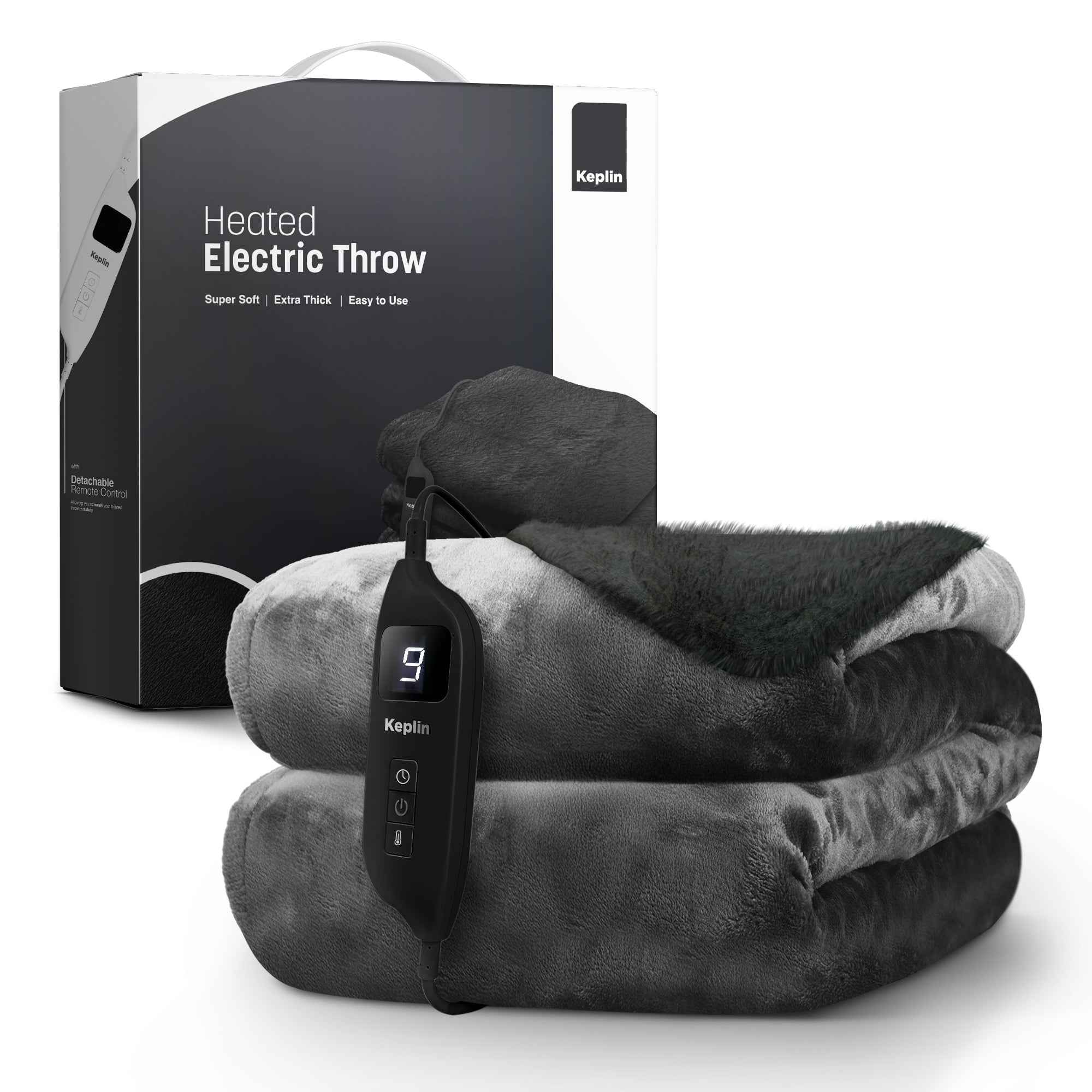 Electric Heated Throw Blanket - Machine Washable Fleece Wool Duvet, 9 Heat Settings & Timer