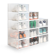 Clear stackable shoe boxes stacked high – 12-pack space-saving tower