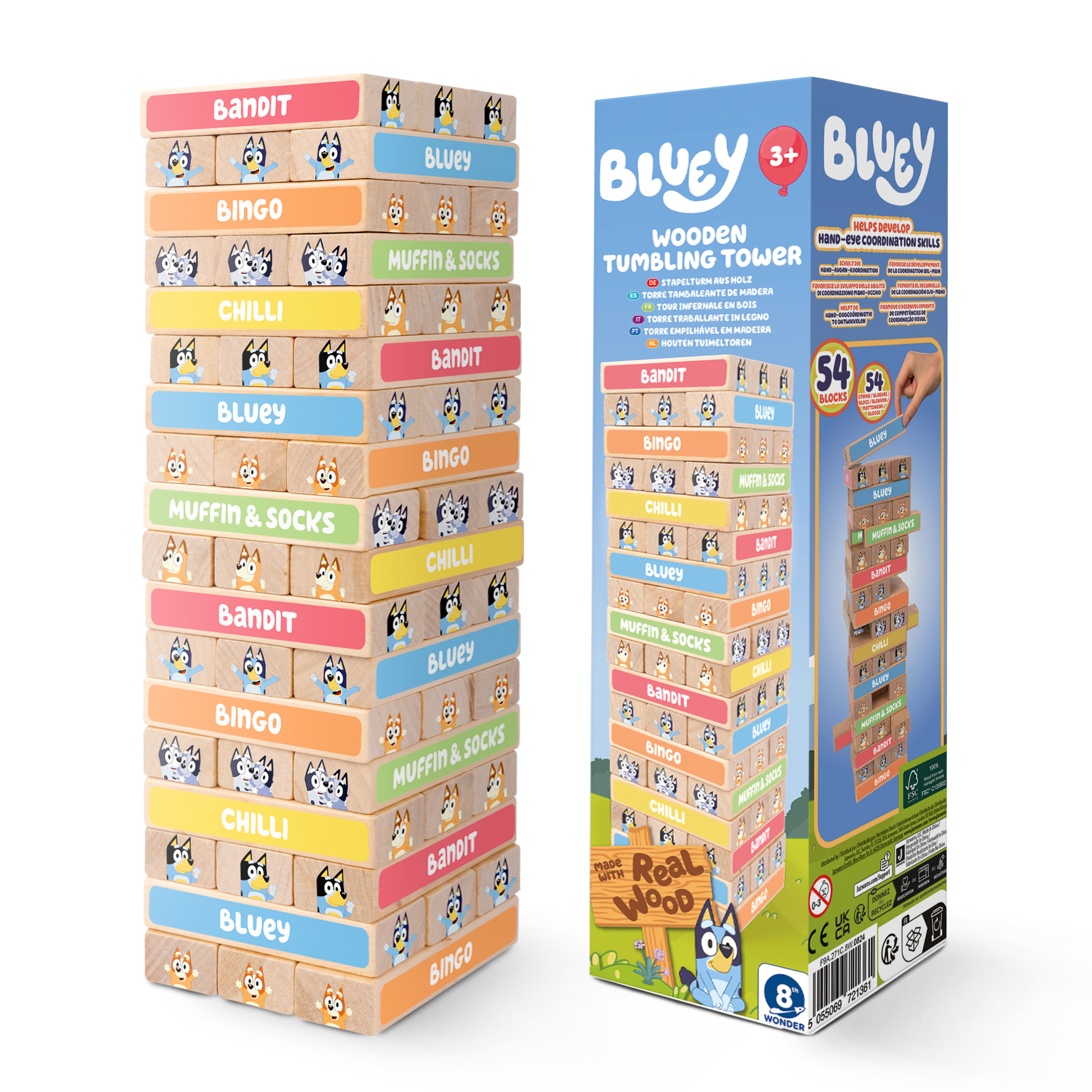 Bluey tumbling tower game 54 wooden blocks – FSC certified stacking game for kids ages 3+ UK