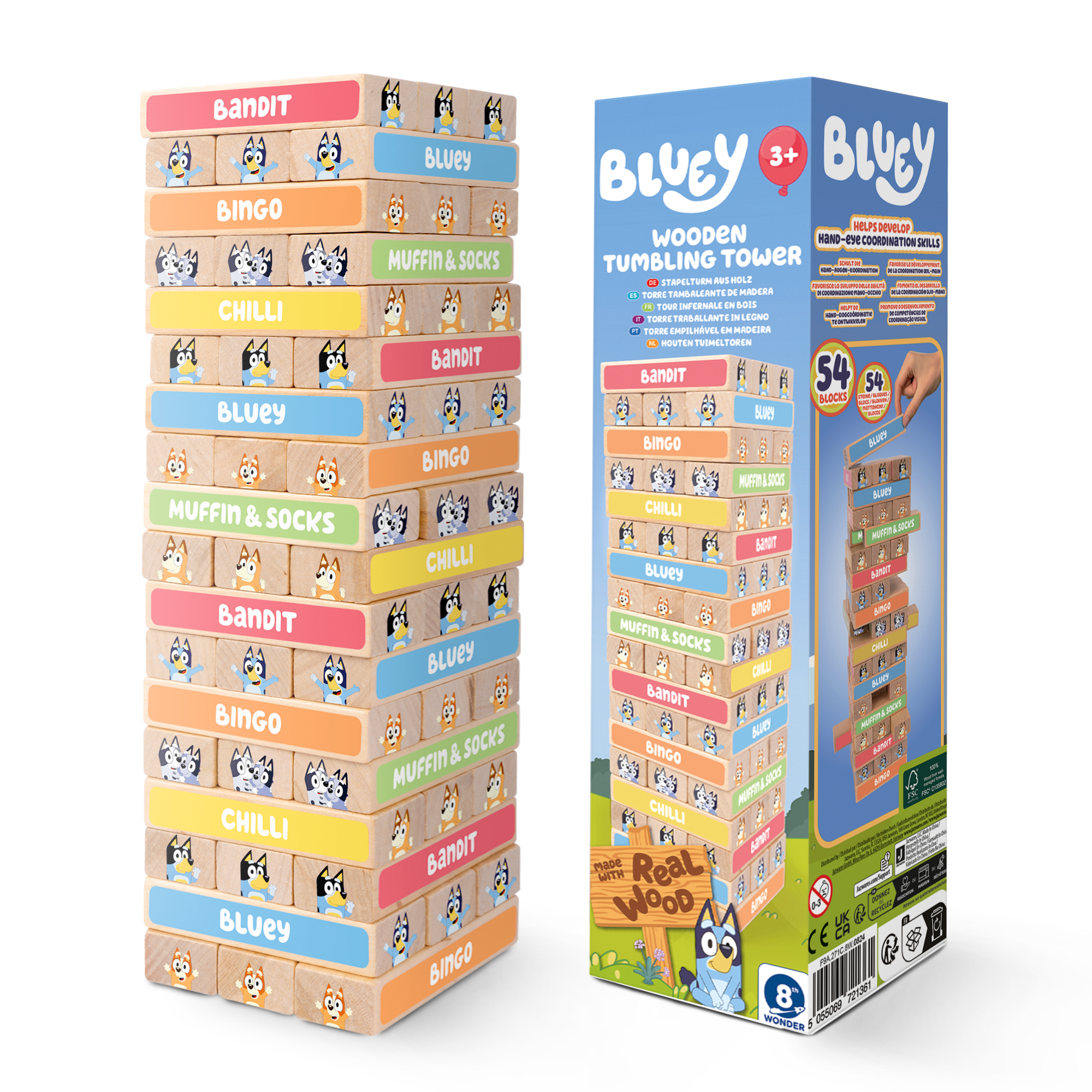 Bluey Tumbling Tower Game - 54 Colourful FSC-Certified Wooden Blocks, Hand-Eye Coordination & Motor Skills Family Game, Eco-Friendly Fun for Kids Aged 3+, Durable & Non-Toxic