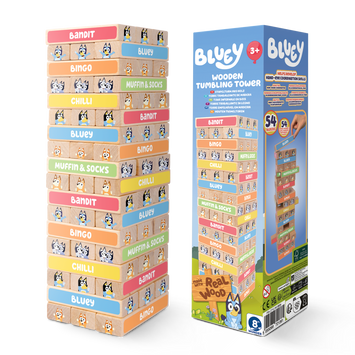 Bluey tumbling tower game 54 wooden blocks – FSC certified stacking game for kids ages 3+ UK