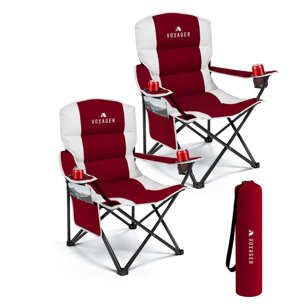Voyager 2 Pack Padded Camping Chairs - with Cup Holder and Side Pockets