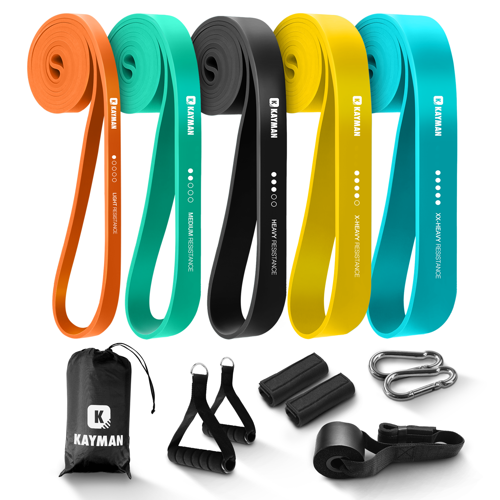 Kayman - Long Resistance Band with Door Anchor & Carry Bag Set(5Pack) – Perfect for Pull-Ups, Yoga, Calisthenics, Strength Training, Stretching, Home Workouts