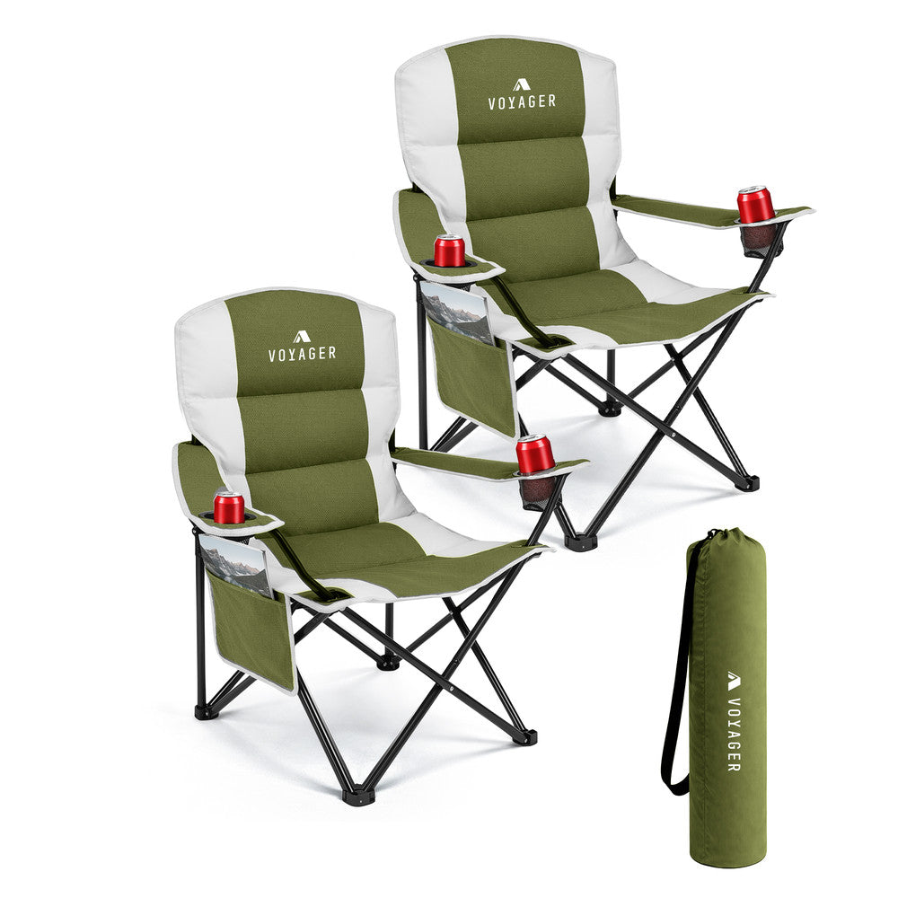 Voyager 2 Pack Padded Camping Chairs - with Cup Holder and Side Pockets