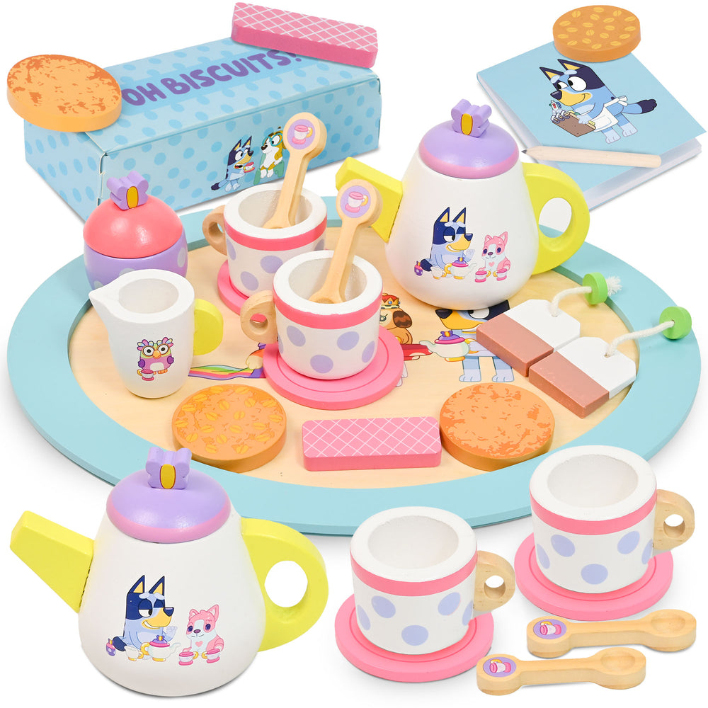 Bluey wooden tea party set 18-piece – FSC certified eco-friendly pretend play toy for kids ages 3+ UK