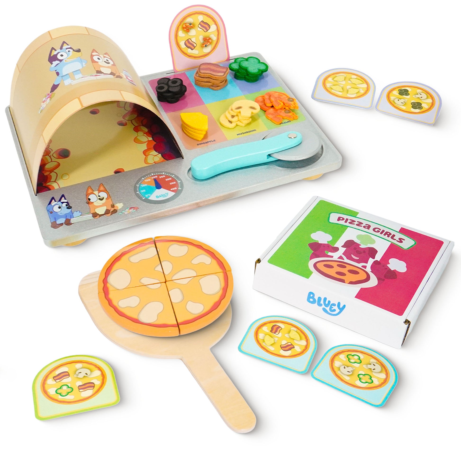Bluey Pizza Girls Set – 35-Piece Pretend Play Food Set, Wooden Pizza Playset with Oven, Pizza Slices, Box, Cutter, Paddle, Order Cards, and Toppings, Pizza Girls Toy Set