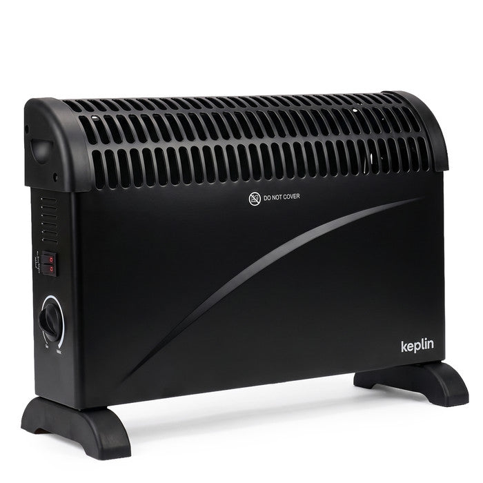 Black 2000W convector heater, angled studio shot showing vented grille and feet