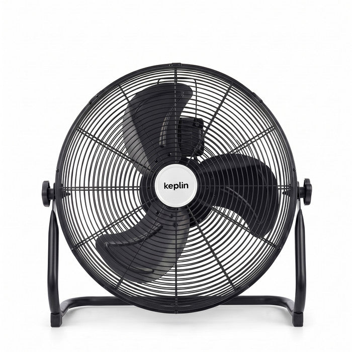 12-inch black floor fan 3-speed front view – powerful 120W motor fan