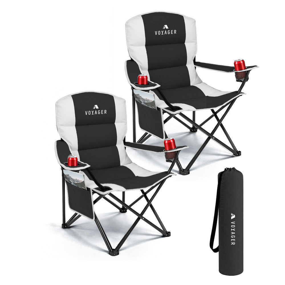 Voyager 2 Pack Padded Camping Chairs - with Cup Holder and Side Pockets