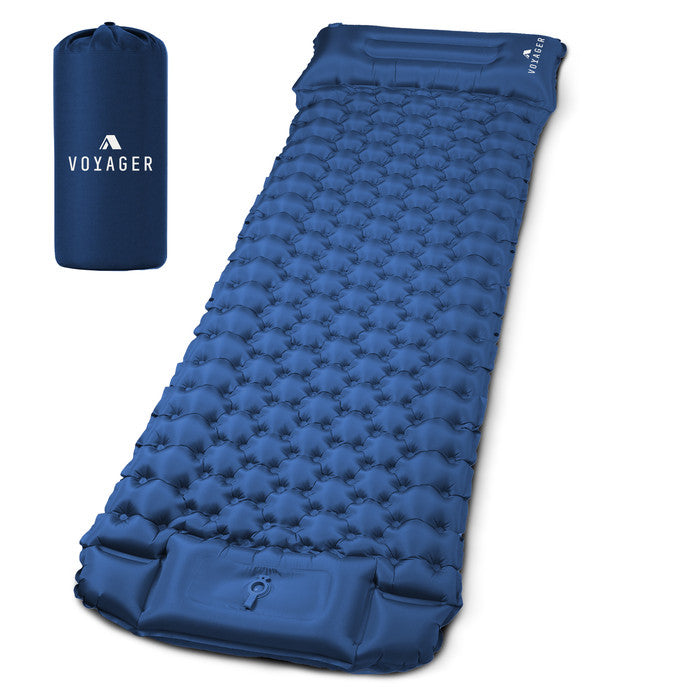 Voyager blue inflatable camping mat with built-in pillow and carry bag