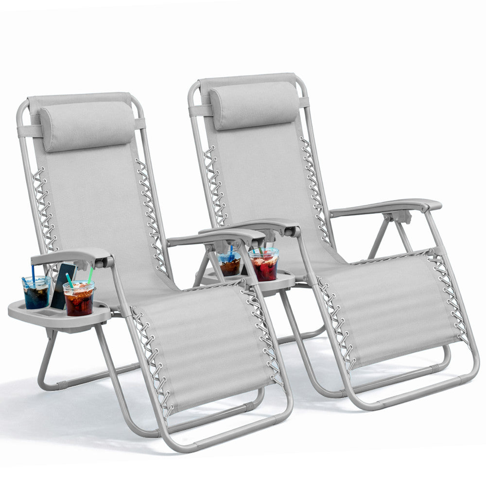 KEPLIN Set of 2 Heavy Duty Monocolour and Basic Textoline Zero Gravity Chairs for Garden Light Reclining Patio Sun loungers Easy to Clean Adjustable Head Rest Foldable with Cup & Phone Holder