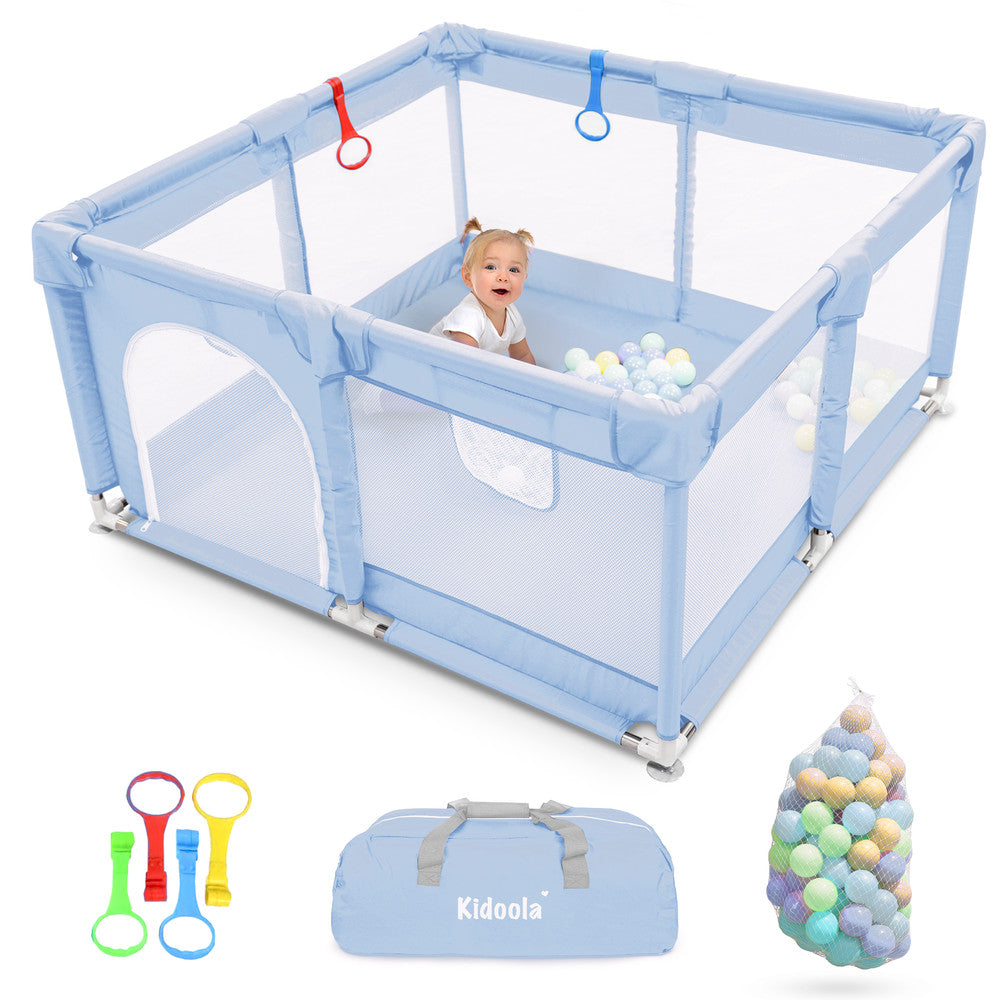 KIDOOLA Large Baby Playpen with Padded Frame & Mesh Walls – Includes Balls & Pull Rings for Indoor & Outdoor Fun (127 x 127 x 65 cm)