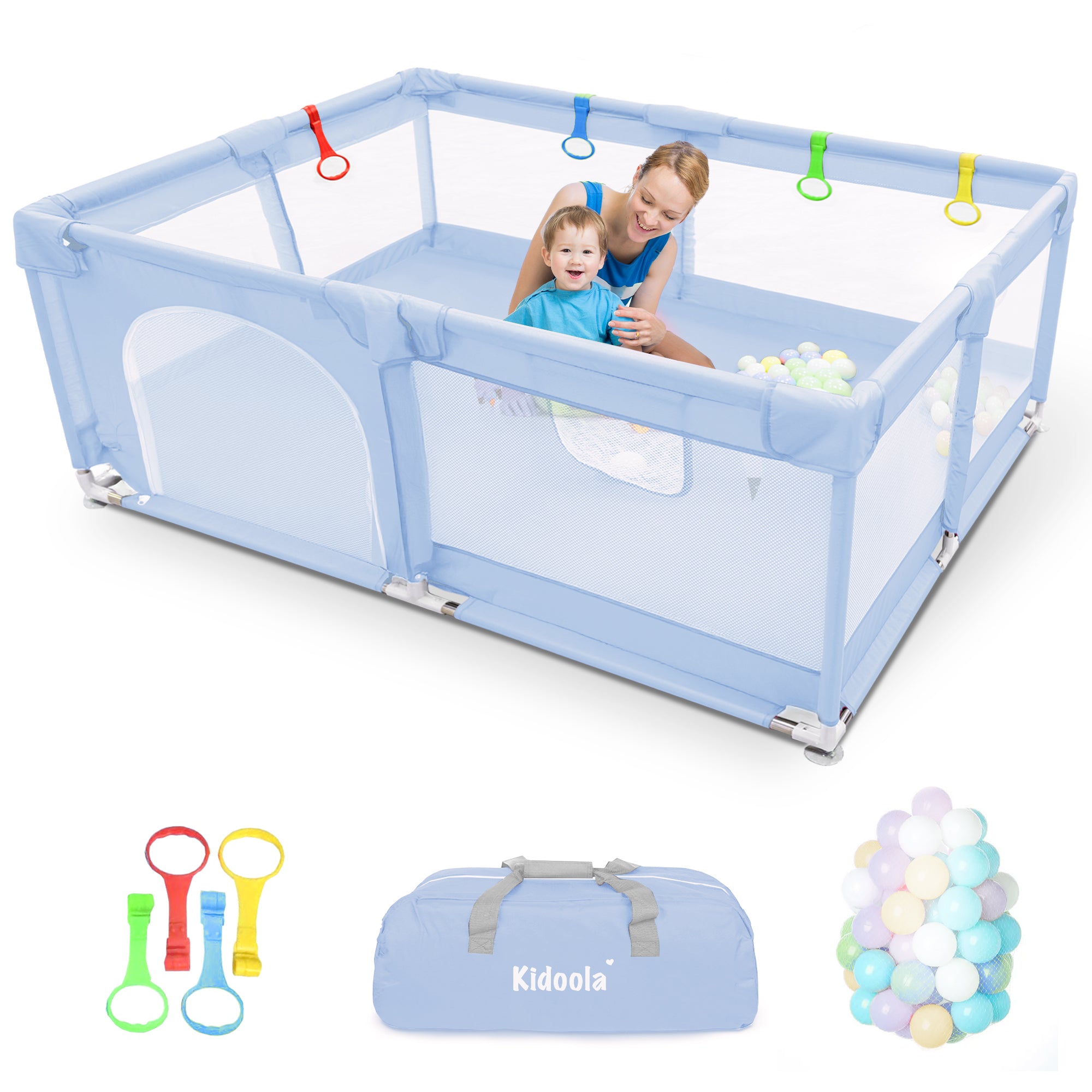 KIDOOLA Extra Large Baby Playpen with Padded Frame & Mesh Walls – Includes Balls & Pull Rings for Indoor & Outdoor Fun (150x180x65cm)
