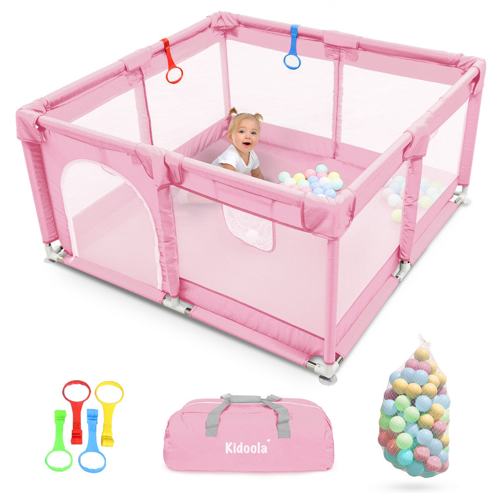 KIDOOLA Large Baby Playpen with Padded Frame & Mesh Walls – Includes Balls & Pull Rings for Indoor & Outdoor Fun (127 x 127 x 65 cm)