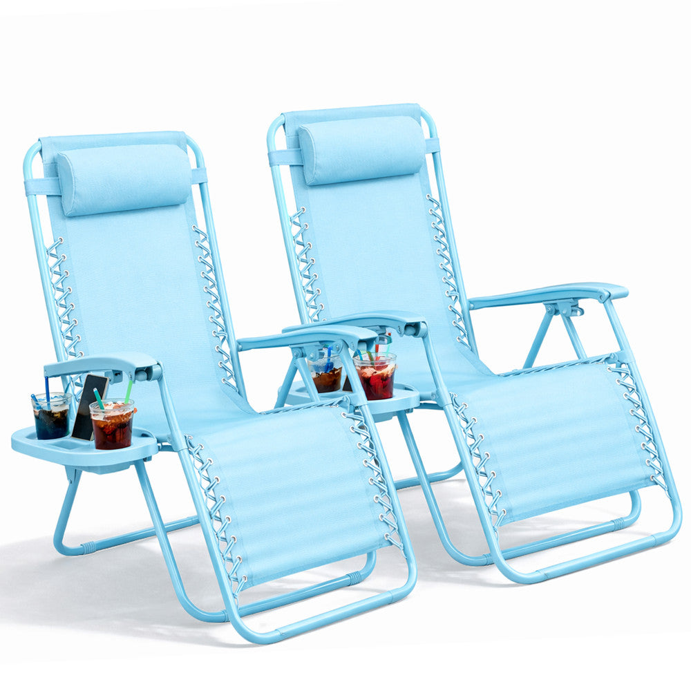 KEPLIN Set of 2 Heavy Duty Monocolour and Basic Textoline Zero Gravity Chairs for Garden Light Reclining Patio Sun loungers Easy to Clean Adjustable Head Rest Foldable with Cup & Phone Holder