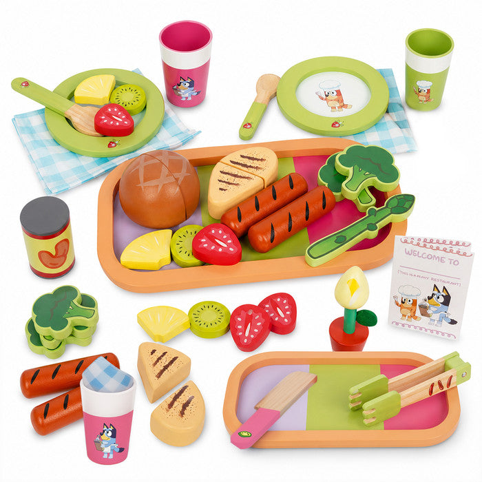 Bluey Dine-In Wooden Toy Set 32-Piece – roleplay playset for kids ages 3+