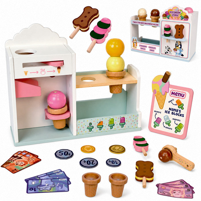 Bluey ice cream playset kids toy shop – cones, tubs, lollies, sprinkles and fruit toppings UK