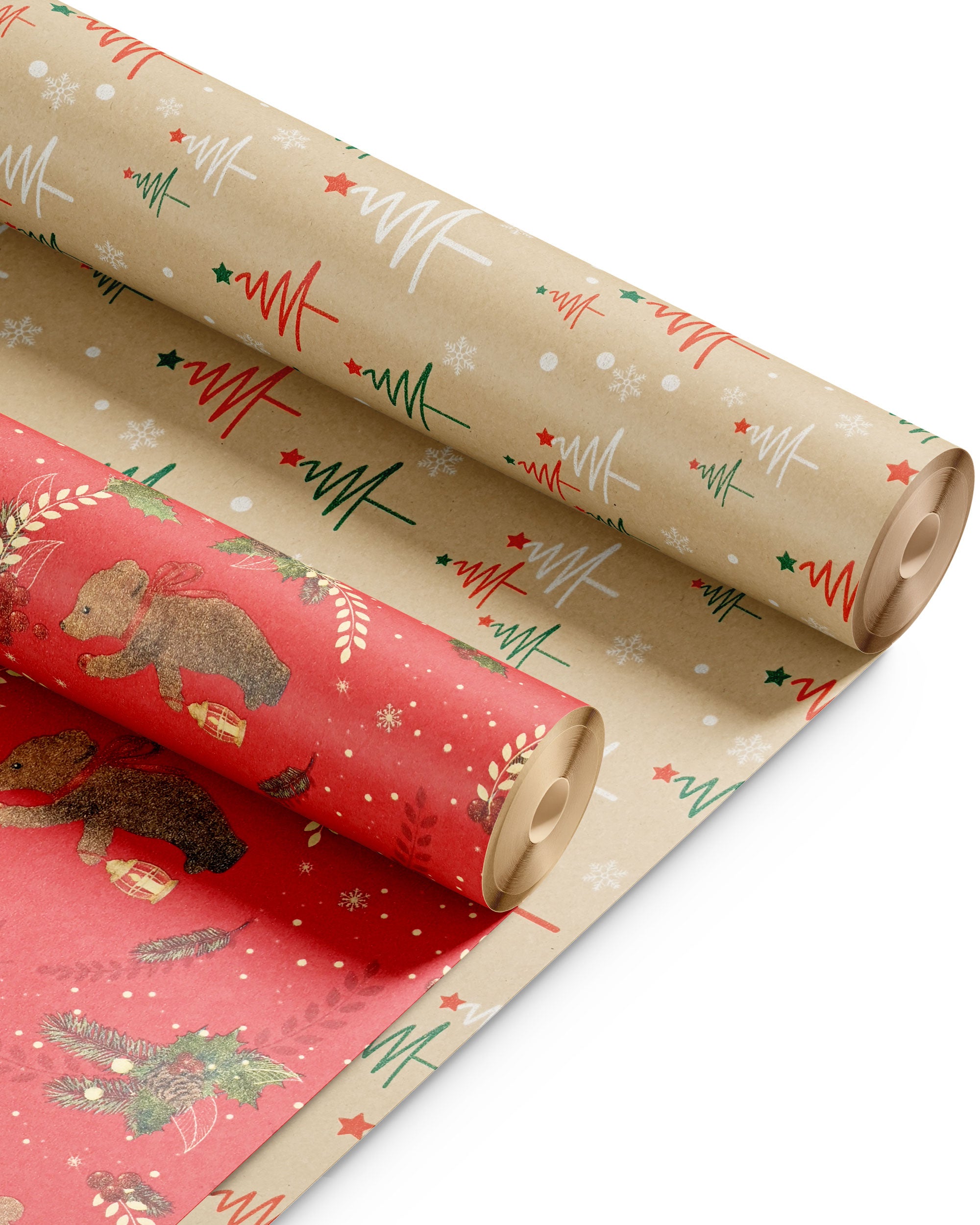 Kraft & Co 2 Pack Christmas Wrapping Paper Roll - Festive Designed Recyclable Kraft Paper, Perfect for Holiday Gifts, Arts & Crafts-Wrapping for a Merry Christmas (44.5cm x 25m)